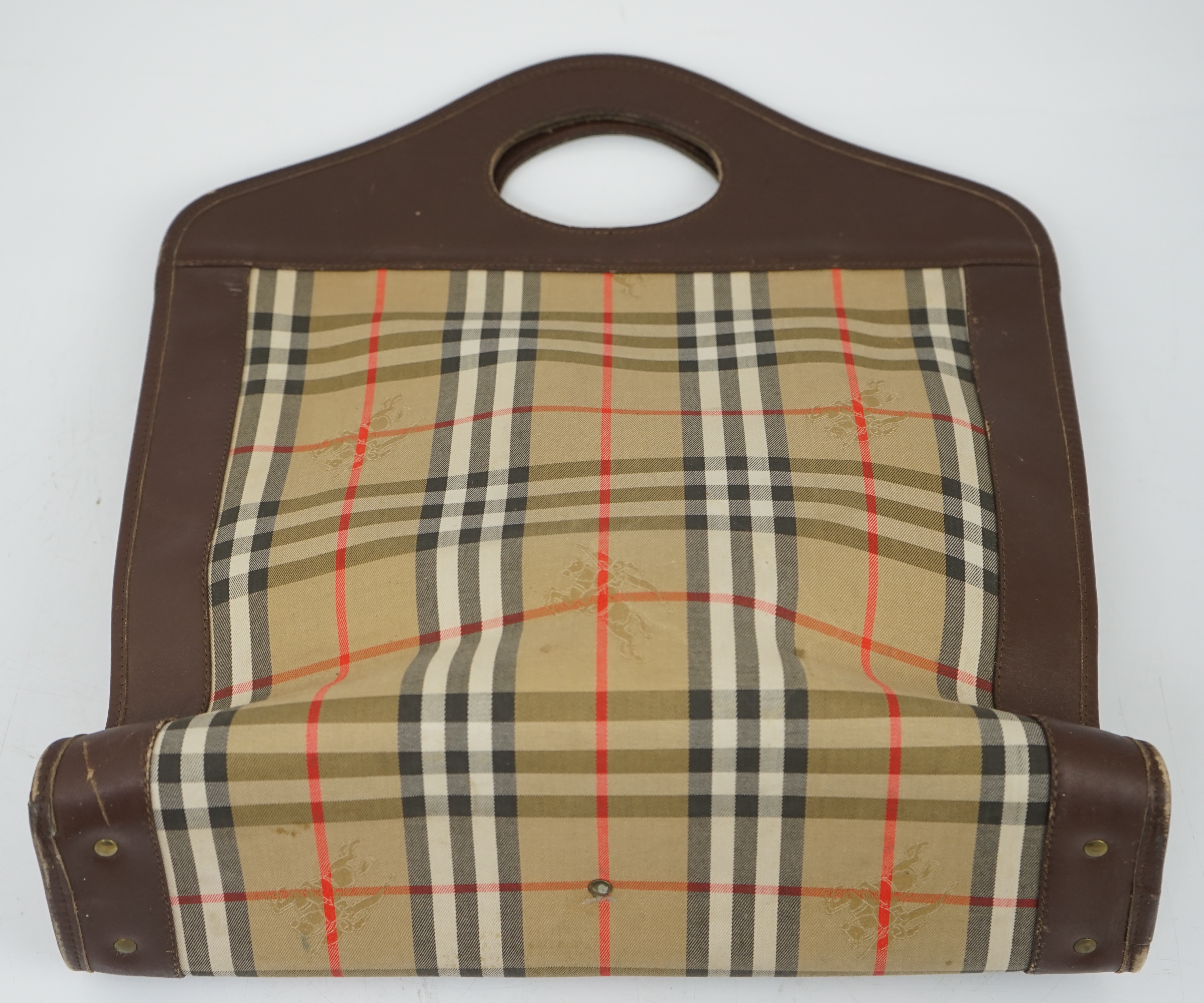 A vintage Burberry brown plaid canvas and leather tote bag, 40 x 37cm